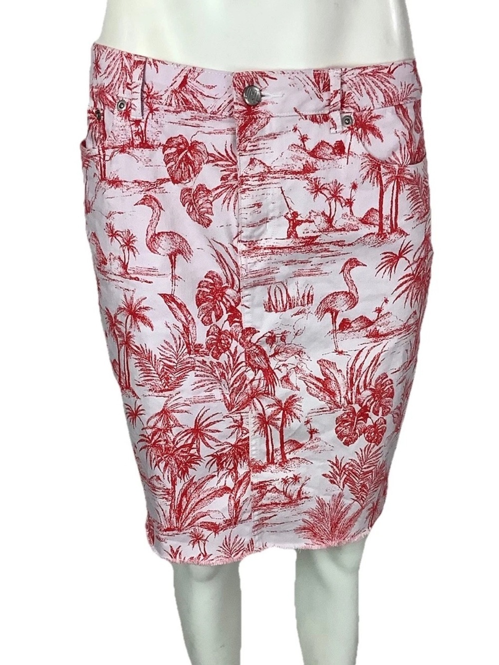 J. McLaughlin Sz 8 Richmond Tropical Bird Print Denim Frayed Vacation Skirt